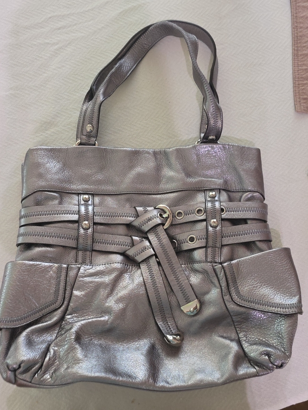 B Makowski Metallic Silver Women's Tote Bag - Stylish Everyday Handbag